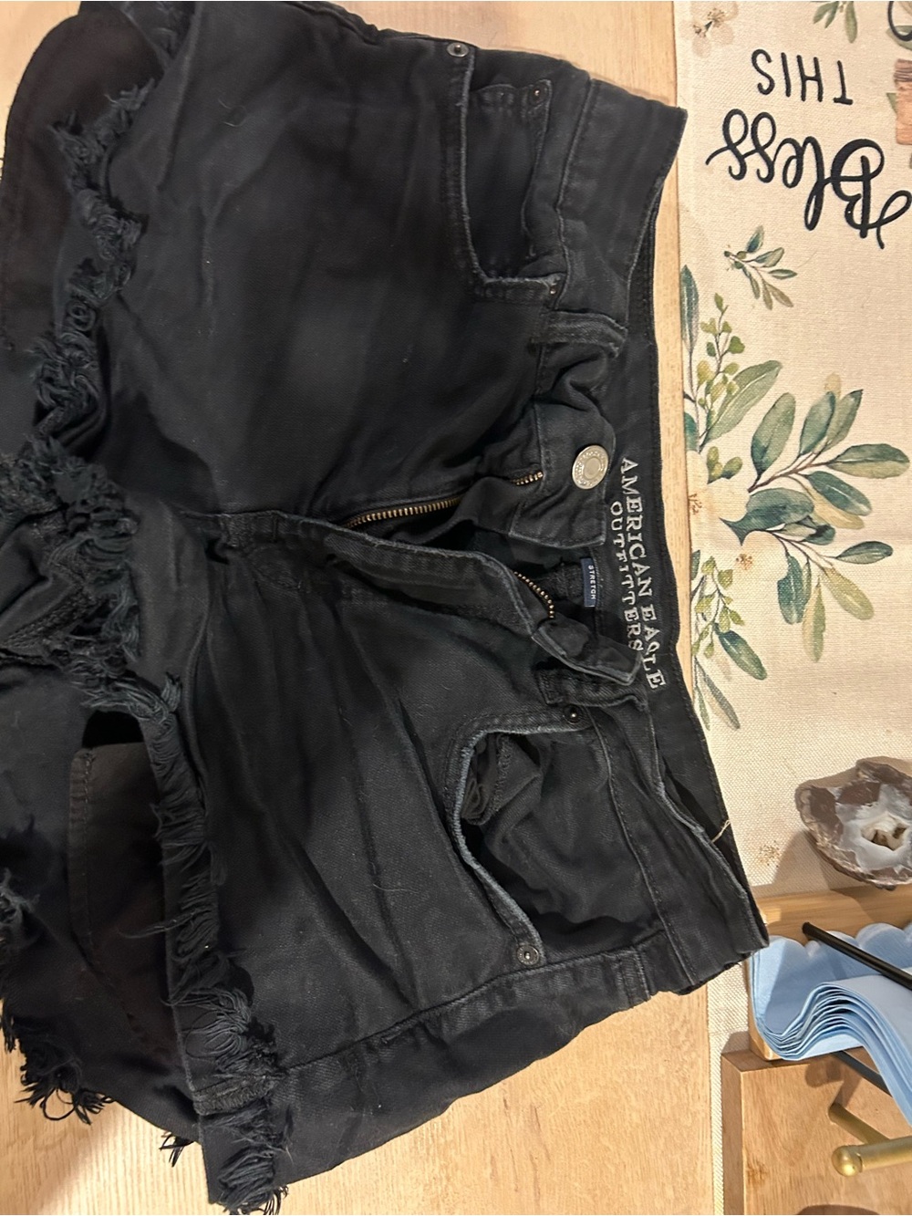 American Eagle Outfitters Black High-Rise Distressed Frayed Denim Shorts
